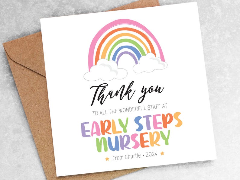 THANK YOU card - Customised with from childs name and nursery, personalised for pre school, custom, wonderful staff, gift idea rainbow T8 immagine 3