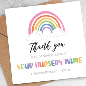 THANK YOU card - Customised with from childs name and nursery, personalised for pre school, custom, wonderful staff, gift idea rainbow T8
