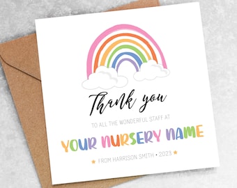 THANK YOU card - Customised with from childs name and nursery, personalised for pre school, custom, wonderful staff, gift idea rainbow T8