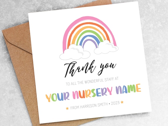 THANK YOU card - Customised with from childs name and nursery, personalised for pre school, custom, wonderful staff, gift idea rainbow T8