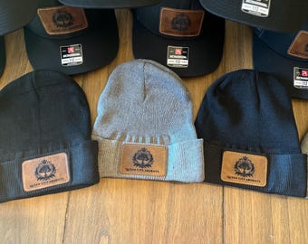 Custom Beanies, Leather Patch Beanies, Engraved Logo Beanie for Business, personal, company Custom Logo Beanies with Stitched Patch
