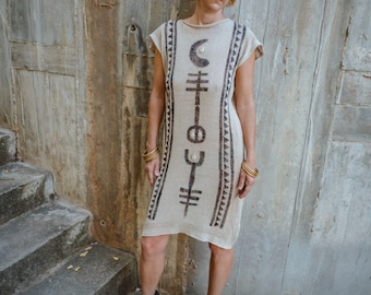 Boho Sustainable Hemp Dress, Handwoven dress, Crochet dress, Eco-Friendly garment, Hand Block Painted