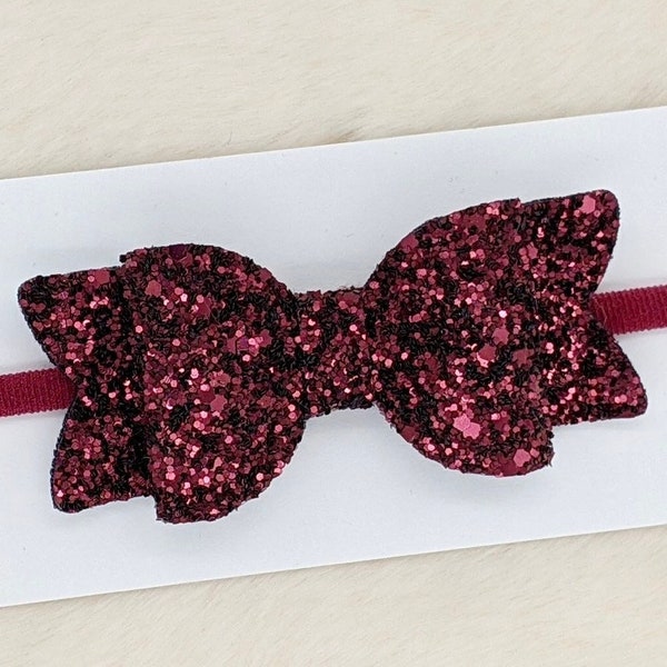 BURGUNDY GLITTER BOW, Dark Red Maroon Hair Clip, Deep Jewel Tone Barrette, Solid Sparkly Color Headband, Fall Autumn Holiday Christmas Party