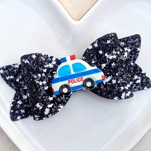 POLICE OFFICER CAR Glitter Bow, Law Enforcement Vehicle Hair Clip, Black Blue Red Barrette, Emergency First Responder Headband, Party Gift