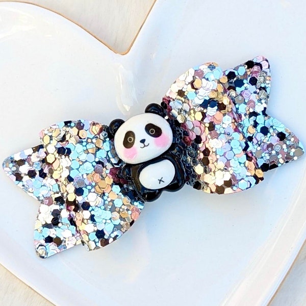 PINK PANDA BEAR Glitter Bow, Black White Silver Sparkly Hair Clip, Giant Chinese Animal Barrette, Wild Bamboo Headband, Zoo Birthday Party
