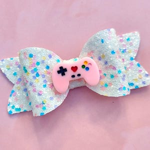 VIDEO GAME CONTROLLER Glitter Bow, Pastel Rainbow Gamer Girl Hair Clip, Pink Blue Gaming Player Barrette, Black White Headband, Party Gift