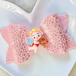 LIGHT PINK CUPID Valentines Day Bow, Cute Baby God of Love Hair Clip, Golden Shooting Arrow Barrette, Red Cherub Angel Wing Headband, Party