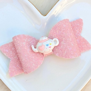 PINK WHITE TEAPOT Glitter Bow, Tea Kettle Party Hair Clip, Light Pastel Barrette, Summer Garden Par-Tea Headband, Shabby Chic Birthday Gift