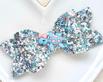 SEA TURTLE GLITTER Bow, Light Blue Pink Silver Sparkly Hair Clip Barrette, Little Reptile Marine Ocean Animal Headband, Under Sea Party Gift