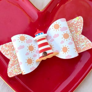RED LIGHTHOUSE BEACH Sand Glitter Bow, Light Pink Sunset Cloud Hair Clip, Shore Beacon Tower Barrette, Nautical Navigation Headband, Party