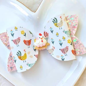 CHICKEN HEN COOP Bow, Yellow Orange Peach Glitter Hair Clip, Little Egg Baby Chick Barrette, Red White Country Headband, Farm Animal Party image 1