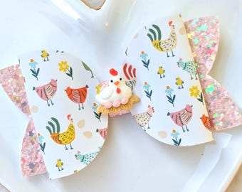 CHICKEN HEN COOP Bow, Yellow Orange Peach Glitter Hair Clip, Little Egg Baby Chick Barrette, Red White Country Headband, Farm Animal Party