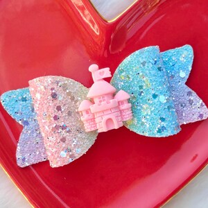 PASTEL RAINBOW PRINCESS Castle Glitter Bow, Once Upon A Time Fairy Tale Hair Clip, Magical Royal Barrette, Pink Palace Headband, Party Gift