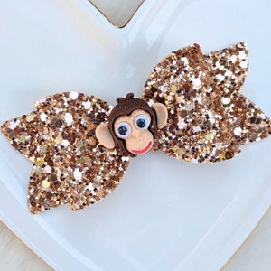 BROWN MONKEY GLITTER Bow, Tan Safari Animal Barrette, Rose Gold Hair Clip, Little Jungle Banana Baby Headband, Swing Over Zoo Birthday Party