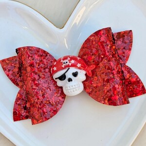 DEAD PIRATE SKULL Red GlitterBow, White Skeleton Bone Barrette, Black Eye Patch Hair Clip, Argh Walk Plank Headband, Ahoy Matey Party Gift