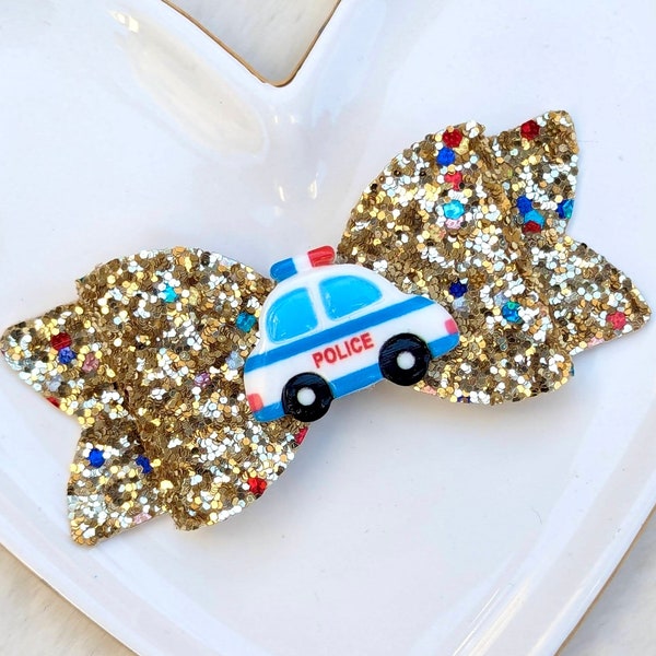 EMERGENCY FIRST RESPONDER Glitter Bow, Police Law Enforcement Vehicle Hair Clip, Ambulance Paramedic Barrette, Red Blue Headband Party Gift