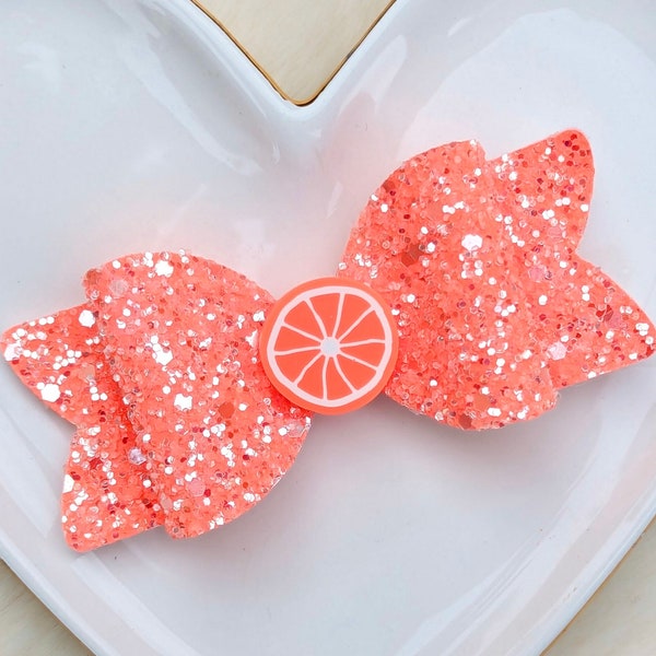 GRAPEFRUIT BLOOD ORANGE Glitter Bow, Little Cutie Hair Clip, Neon Coral Barrette, Summer Citrus Slice Headband, Fruit Salad Birthday Party