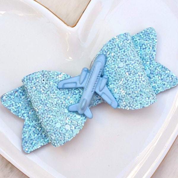 AIRPLANE BLUE SKY Glitter Bow, Jet Plane Travel Hair Clip, Aviation Aircraft Sparkly Barrette, Little Traveler Headband, Birthday Party Gift