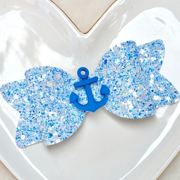 BLUE NAUTICAL ANCHOR Glitter Bow, Boat Water Vehicle Hair Clip, Royal White Barrette, Sailor Captain Headband, Drop Aweigh Away Party Gift