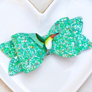 SHINY GREEN HUMMINGBIRD Wing Glitter Bow, Fast Little Tiny  Hair Clip, Bright Ruby Red Feathers Barrette, Colorful Tail Headband, Party Gift