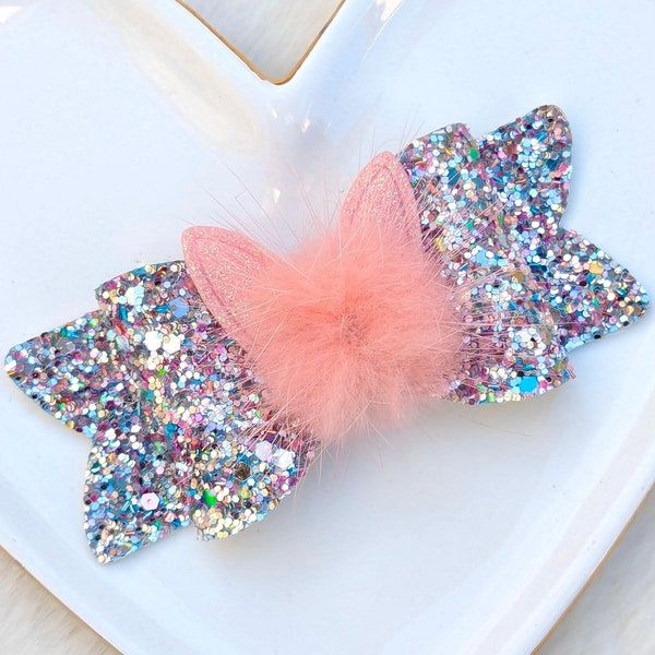 PINK BUNNY TAIL Bow, Fluffy Easter Rabbit Ear Hair Clip, Blue Silver Sparkly Glitter Barrette, Pastel Spring Headband, Birthday Party Gift