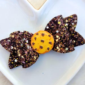 CHOCOLATE CHIP COOKIE Glitter Bow, Golden Dark Brown Hair Clip, Fresh Baked Sweet Barrette, Milk Dough Lover Headband, One Smart Party Gift