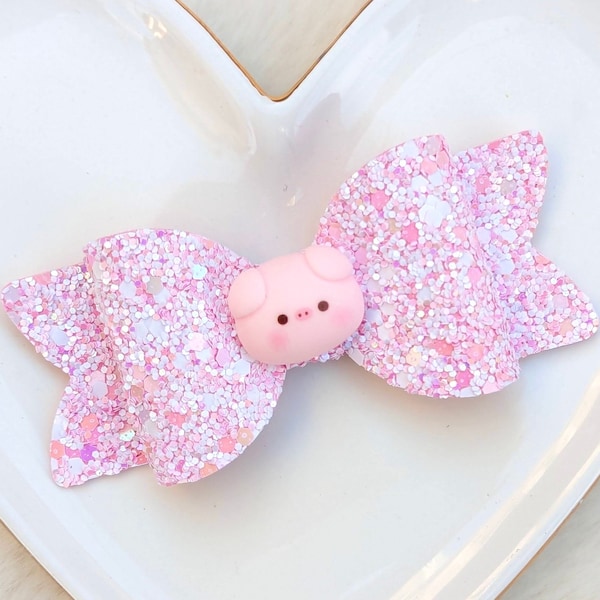 PINK PIG GLITTER Bow, Little Piggy Hair Clip, Baby Piglet Sparkly Barrette, Pastel Blush Headband, Oink Farm Animal Barn Birthday Party Gift