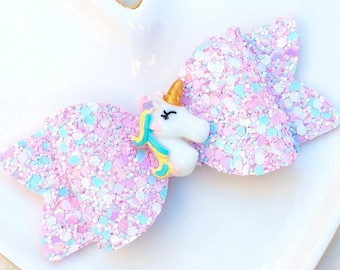 PASTEL RAINBOW UNICORN Glitter Bow, Pink Lavender Mint Green Hair Clip, Aqua Blue Barrette, Yellow Gold Headband, Magical Birthday Party Era