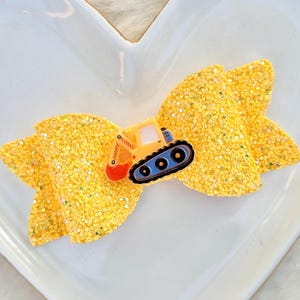 YELLOW EXCAVATOR DIGGER Glitter Bow, Black White Construction Vehicle Hair Clip Barrette, Caution Digging Zone Headband, Birthday Party Gift