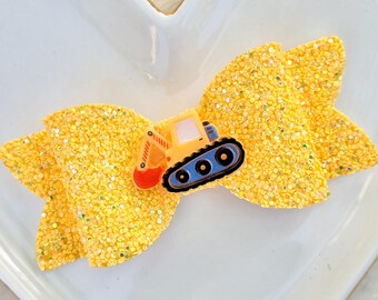YELLOW EXCAVATOR DIGGER Glitter Bow, Black White Construction Vehicle Hair Clip Barrette, Caution Digging Zone Headband, Birthday Party Gift