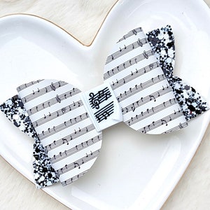 SHEET MUSIC BOW, Musical Note Hair Clip, Classical Treble Clef Barrette, Black White Glitter Headband, Rhythm Blues Jazz Band Birthday Party