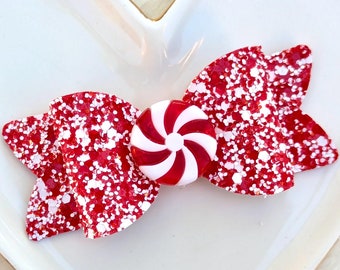PEPPERMINT CANDY CANE Bow, Pink & Red Glitter Hair Clip, Classic Christmas White Starlight Barrette, Blush Round Mint Holiday Sweet Headband