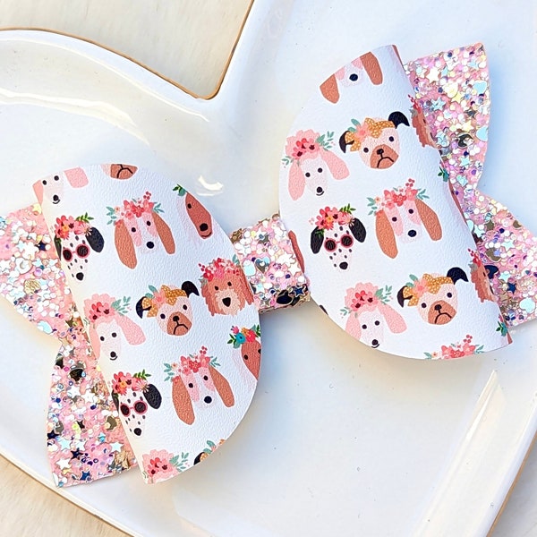 DOG FLOWER CROWN Bow, Puppy Floral Hair Clip, Dalmatian Sunglasses Barrette, Pink Peach Glitter Headband, Pug Goldendoodle, Basset Hound Paw