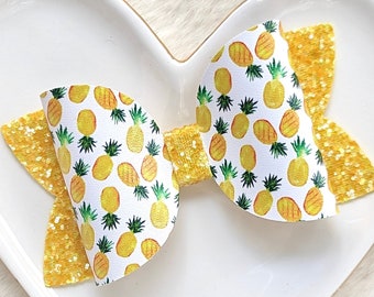 YELLOW PINEAPPLE GLITTER Bow, Golden Tropical Fruit Hair Clip, Green Hawaiian Plant Barrette, Juicy Juice Headband, Luau Birthday Party Gift