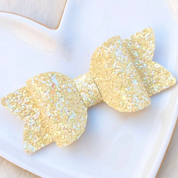 LIGHT YELLOW GLITTER Bow, Pastel Pale Lemon Hair Clip, Butter Sparkly Iridescent Barrette, Minimalist Spring Easter Headband, Kid Party Gift