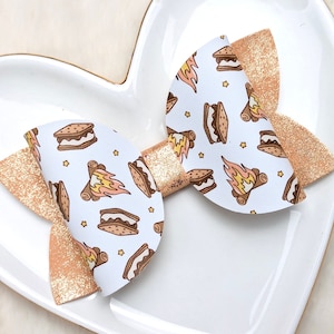 S&#39;MORES BONFIRE BOW, Chocolate Graham Cracker Barrette, Warm Orange Fire Camp Out Hair Clip, Sweet White Marshmallow Headband, Dessert Party
