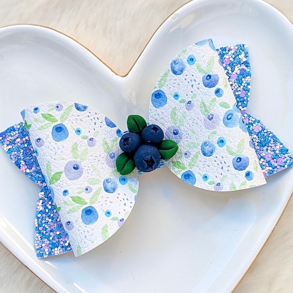 BLUEBERRIES HAIR BOW, Blue Glitter Clip Barrette, Summer Fruit Salad Headband, Berry Sweet One First Birthday Party, Shabby Chic Baby Shower