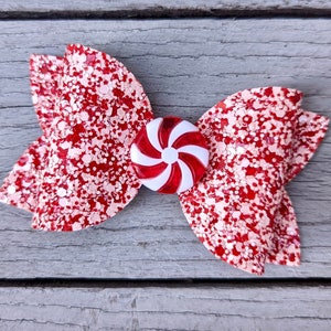 PEPPERMINT CANDY CANE Bow, Pink & Red Glitter Hair Clip, Classic Christmas White Starlight Barrette, Blush Round Mint Holiday Sweet Headband