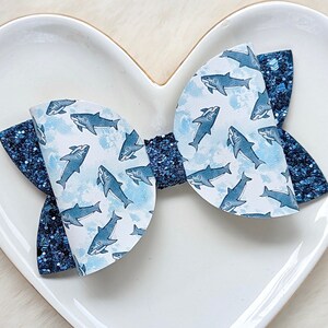 BLUE TIGER SHARK Glitter Bow, Great White Fish Hair Clip, Marine Mammal Barrette, Gray Under Sea Attack Birthday, Ocean Animal Headband Gift
