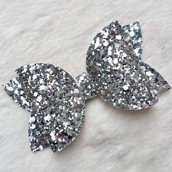 SILVER GLITTER BOW, Sparkly Chrome Hair Clip, Classic Glam Metallic Barrette, Solid Festive Holiday Headband, Fall Autumn Christmas Party