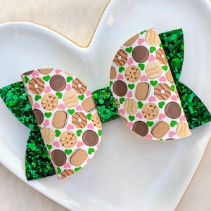 GIRL SCOUT COOKIE Bow, Emerald Green Glitter Hair Clip, Milk Chocolate Mint Shortbread Barrette, Junior Troop Headband, Annual Fundraiser