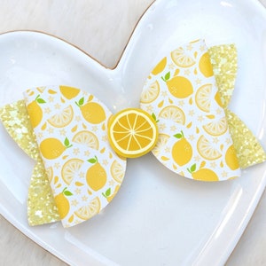 YELLOW LEMON GLITTER Bow, Juicy Slice Lemonade Hair Clip, Fresh Squeezed Barrette, Summer Citrus Headband, Fruit Juice Birthday Party Gift