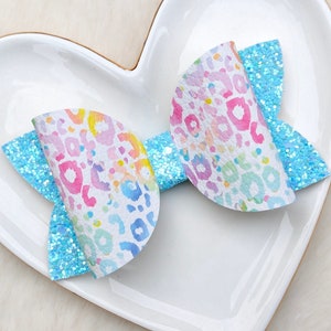 RAINBOW LEOPARD PRINT Glitter Bow, Pink Mint Spot Hair Clip, Light Sky Blue Barrette, Lavender Yellow Headband, Jungle Safari Big Cat Party