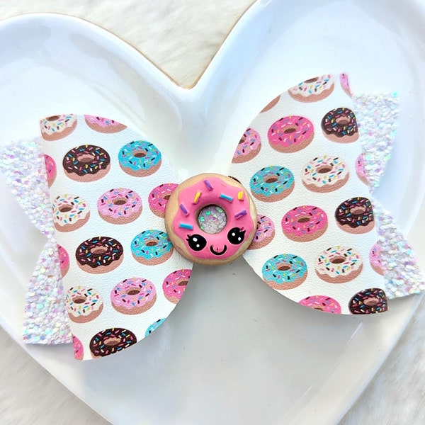 BRIGHT PINK DONUT Glitter Bow, Chocolate Strawberry Frosting Hair Clip, Cute Sprinkle Doughnut Barrette, Vanilla White Glaze Headband, Party
