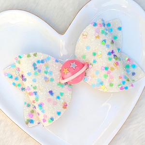 OUTER SPACE PLANET Bow, Rainbow Galaxy Glitter Hair Clip, White Pastel Sparkly Barrette, Saturn Ring Custom Headband, Out This World Party