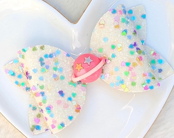 OUTER SPACE PLANET Bow, Rainbow Galaxy Glitter Hair Clip, White Pastel Sparkly Barrette, Saturn Ring Custom Headband, Out This World Party