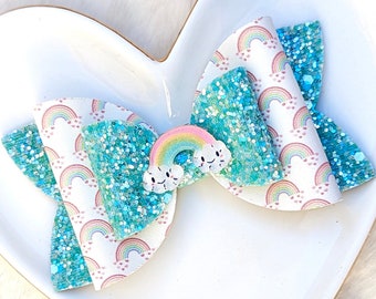 RAINBOW CLOUD BOW, Sky Blue Glitter Hair Clip, White Cloudy Skies Barrette, Spring Summer Kawaii Headband, Weather Forecast Birthday Party