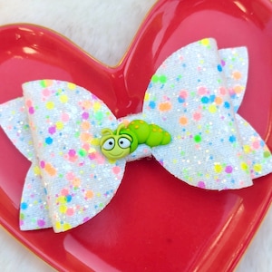 NEON GREEN CATERPILLAR Glitter Bow, Cute Lime Insect Barrette, Little Love Bug Hair Clip, Rainbow Inch Earth Worm Headband, Birthday Party