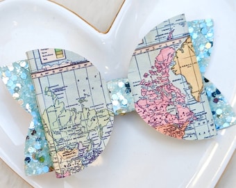 VINTAGE WORLD MAP Print Bow, Travel Theme Hair Clip, Sky Blue Geography Globe Barrette, Little Traveler Headband, Adventure Awaits Birthday
