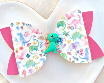 PINK GREEN DINOSAUR Bow, Rainbow Dino Print Hair Clip, T-Rex Triceratops Barrette, Bright Stegosaurus Headband, Jurassic Prehistoric Party
